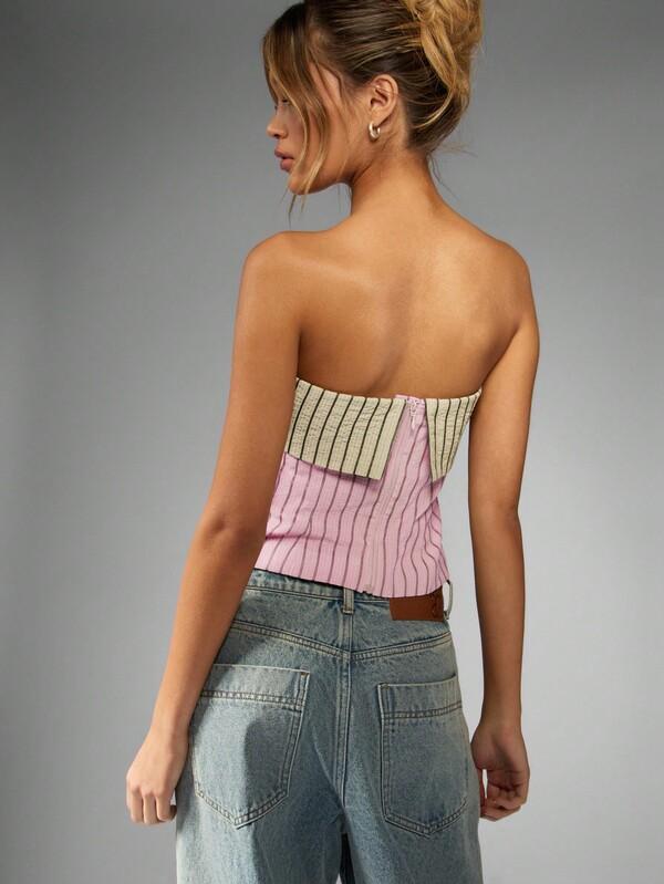 Missguided MISSGUIDED Strapless Bandeau Pinstripe Two Tone Crop Top