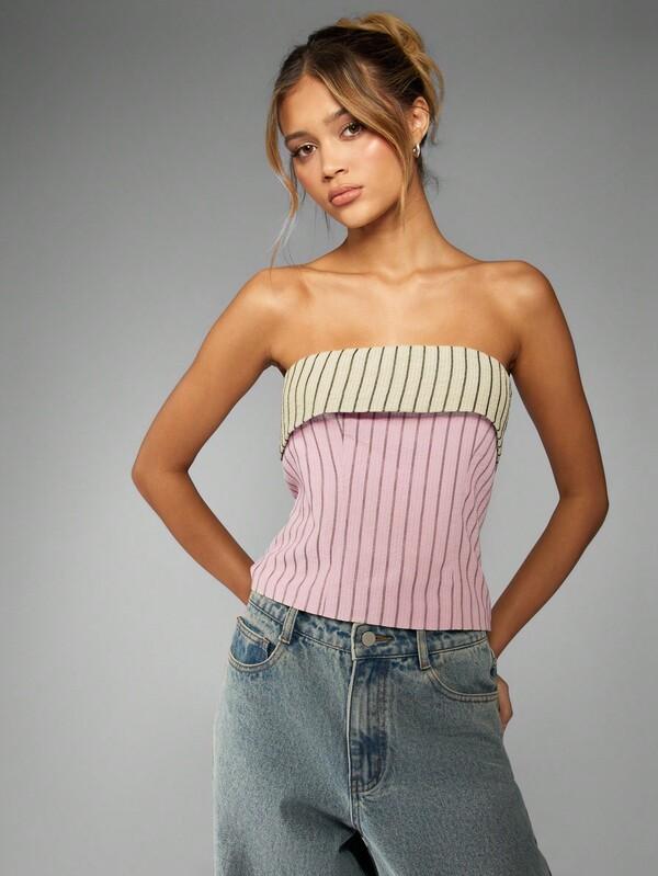 missguided MISSGUIDED Strapless Bandeau Pinstripe Two Tone Crop Top