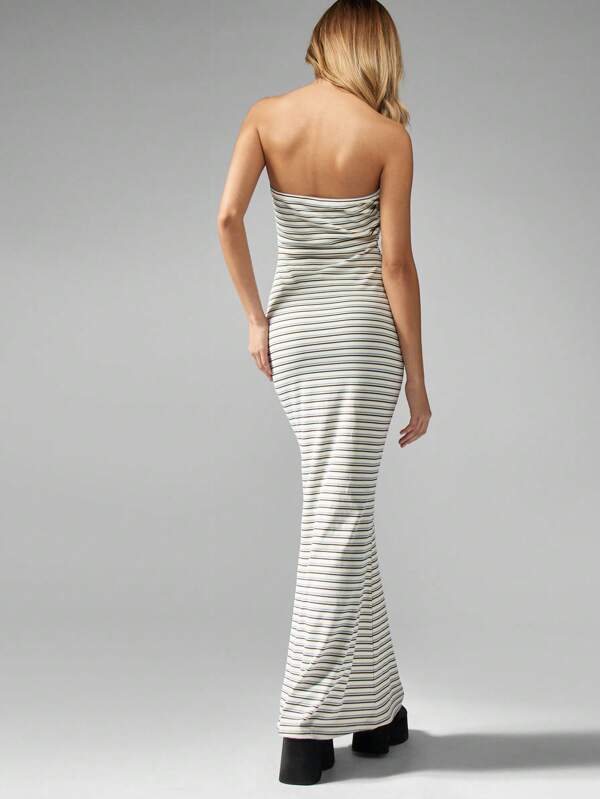 Missguided MISSGUIDED Strapless Bandeau Ribbed Jersey Striped Maxi Dress