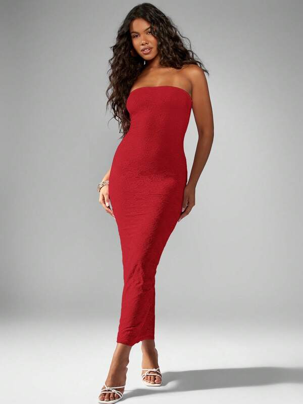 Missguided MISSGUIDED Strapless Bandeau Stretch Lace Floor Length Dress