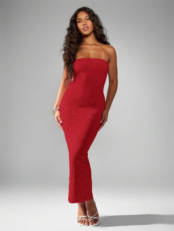 missguided MISSGUIDED Strapless Bandeau Stretch Lace Floor Length Dress