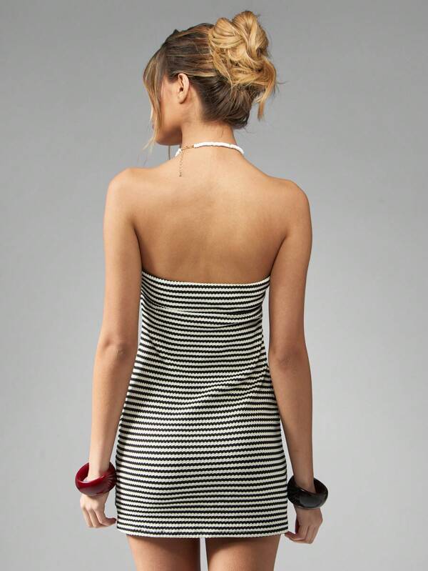 Missguided MISSGUIDED Strapless Bandeau Striped Twist Front Mini Dress