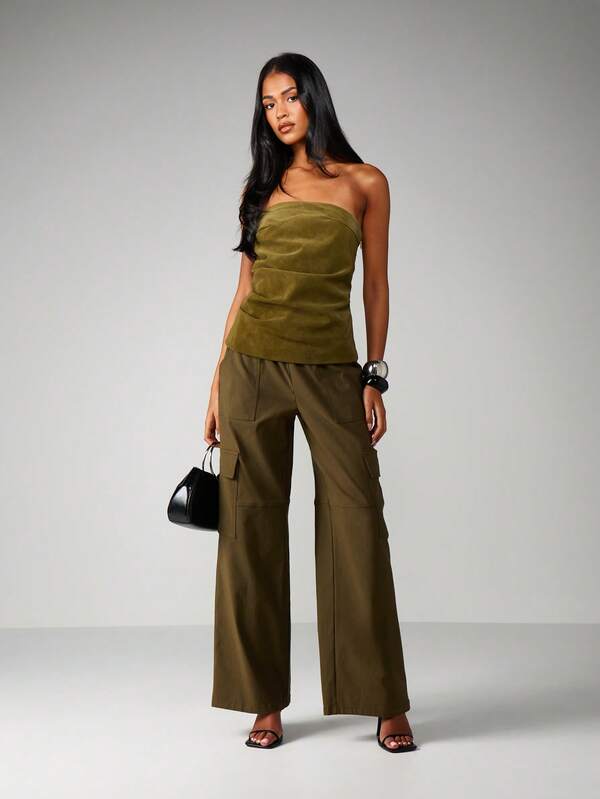 Missguided MISSGUIDED Strapless Bandeau Top With Pleated Suede