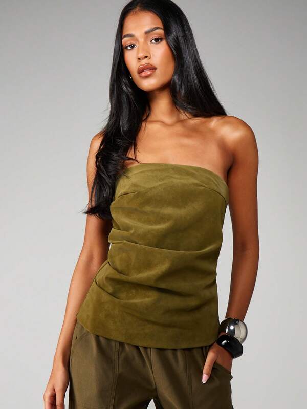 missguided MISSGUIDED Strapless Bandeau Top With Pleated Suede