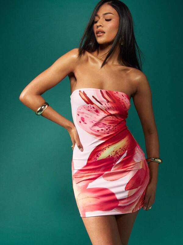 missguided MISSGUIDED Strapless Bandeau Watercolor Floral Print Mini Dress