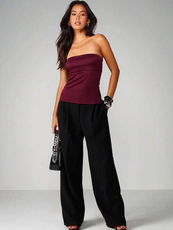 Missguided MISSGUIDED Strapless Burgundy Bandeau Top With Fitted Silhouette
