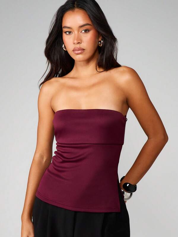 missguided MISSGUIDED Strapless Burgundy Bandeau Top With Fitted Silhouette