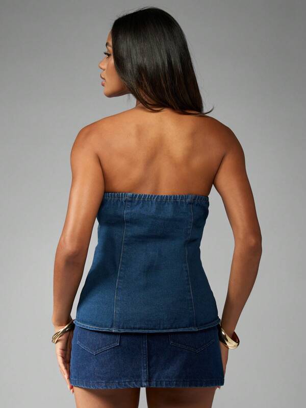 Missguided MISSGUIDED Strapless Button Front Bandeau Denim Top