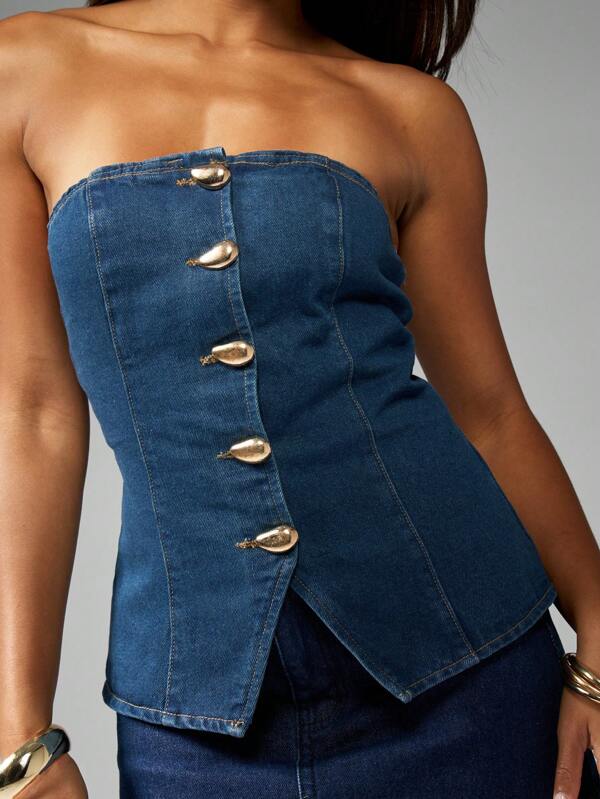 Missguided MISSGUIDED Strapless Button Front Bandeau Denim Top