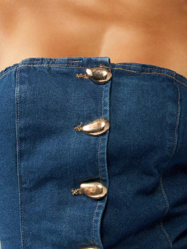 Missguided MISSGUIDED Strapless Button Front Bandeau Denim Top