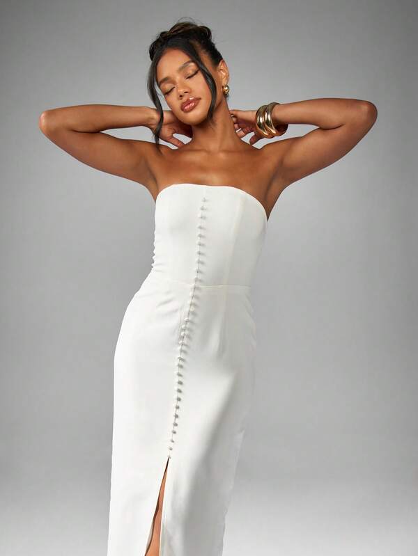 Missguided MISSGUIDED Strapless Button Front Maxi Dress With Front Slit