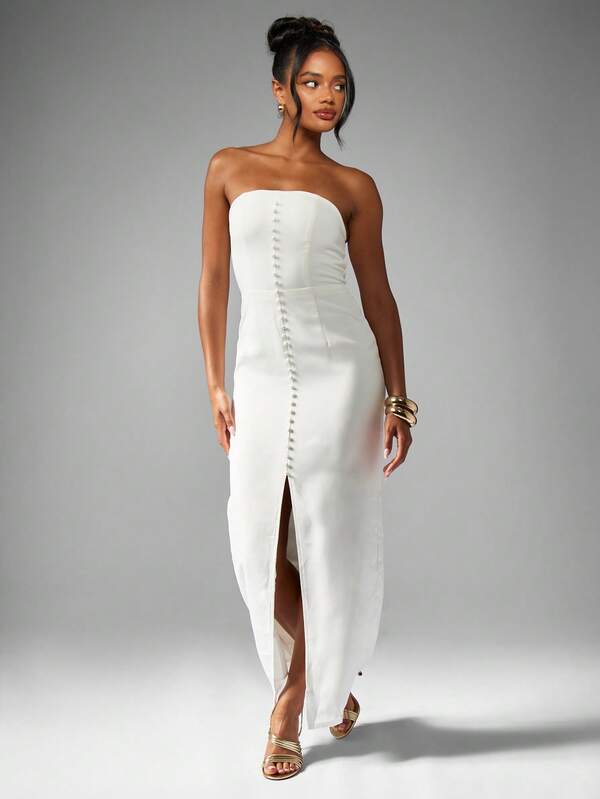 Missguided MISSGUIDED Strapless Button Front Maxi Dress With Front Slit