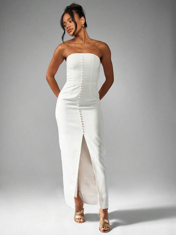 missguided MISSGUIDED Strapless Button Front Maxi Dress With Front Slit