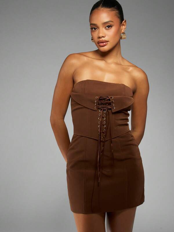 missguided MISSGUIDED Strapless Corset Mini Dress With Lace Up Detail