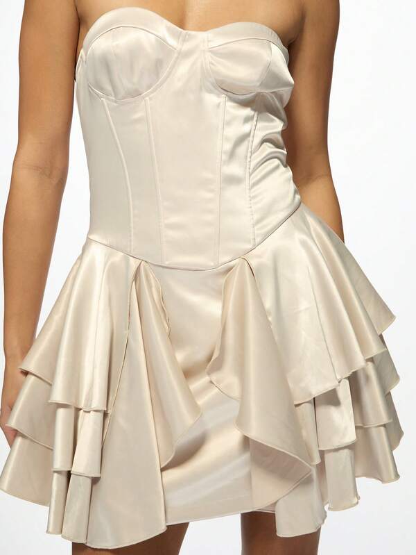 Missguided MISSGUIDED Strapless Corset Ruffle Tiered Sweetheart Satin Mini Dress