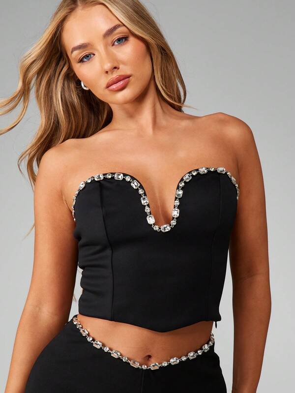 missguided MISSGUIDED Strapless Corset Top With Crystal Trim Design
