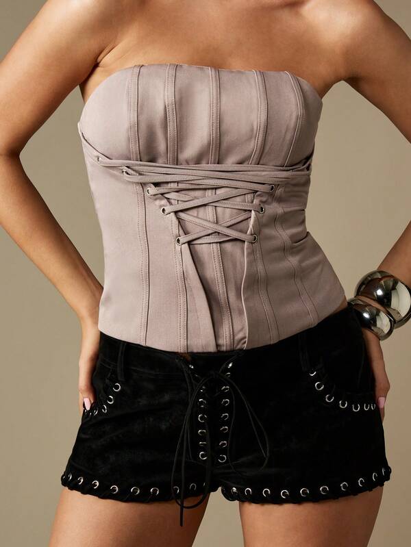 Missguided MISSGUIDED Strapless Corset Top With Lace Up Detail