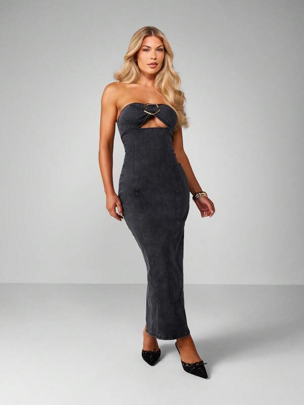 missguided MISSGUIDED Strapless Denim Bodycon Dress With Metal Ring