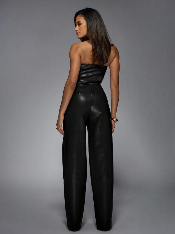 Missguided MISSGUIDED Strapless Faux Leather Jumpsuit With Wide Leg Design