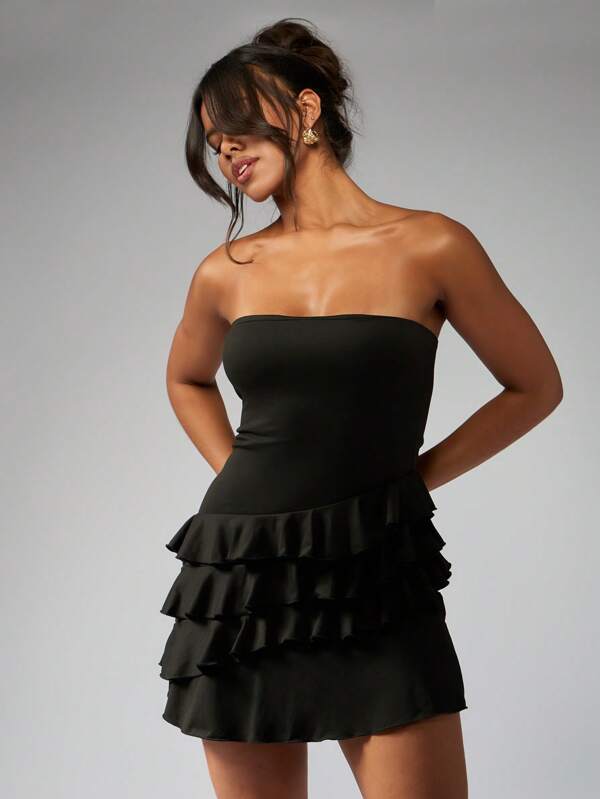 missguided MISSGUIDED Strapless Fitted Bodycon Mini Dress With Tiered Ruffles