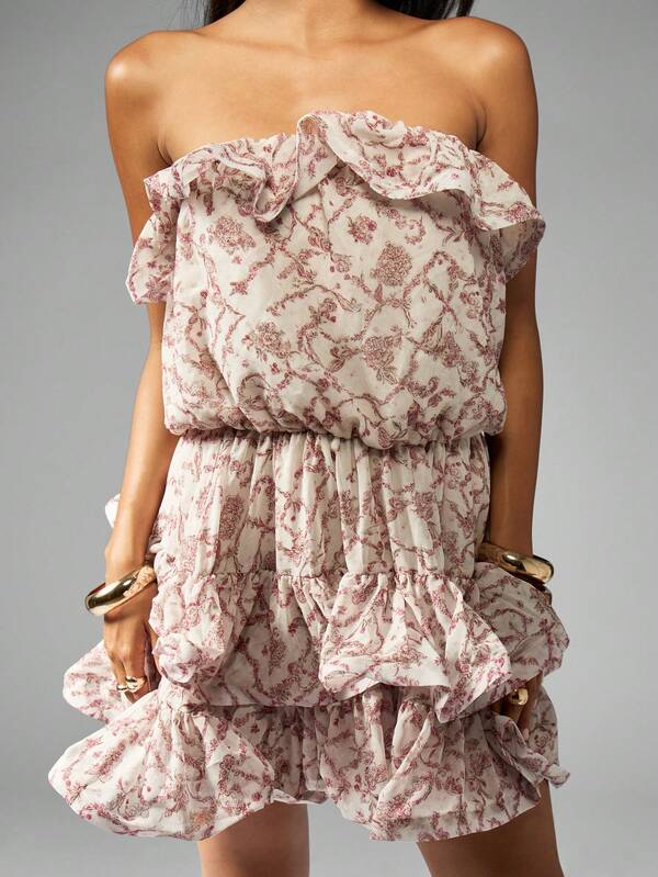 Missguided MISSGUIDED Strapless Floral Mini Dress With Ruffled Tiers And Blouson Top