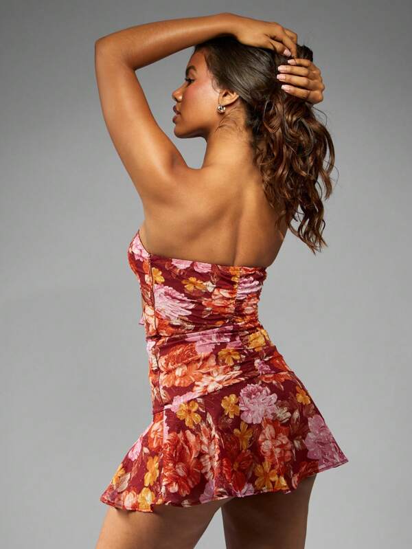 Missguided MISSGUIDED Strapless Floral Print Chiffon Cut Out Ruched Mini Dress