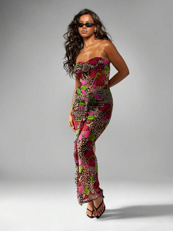 missguided MISSGUIDED Strapless Floral Print Ruched Midaxi Dress