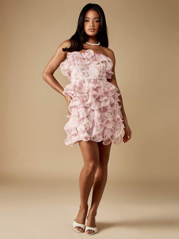 Missguided MISSGUIDED Strapless Floral Ruffle Mini Dress With Tiered Skirt