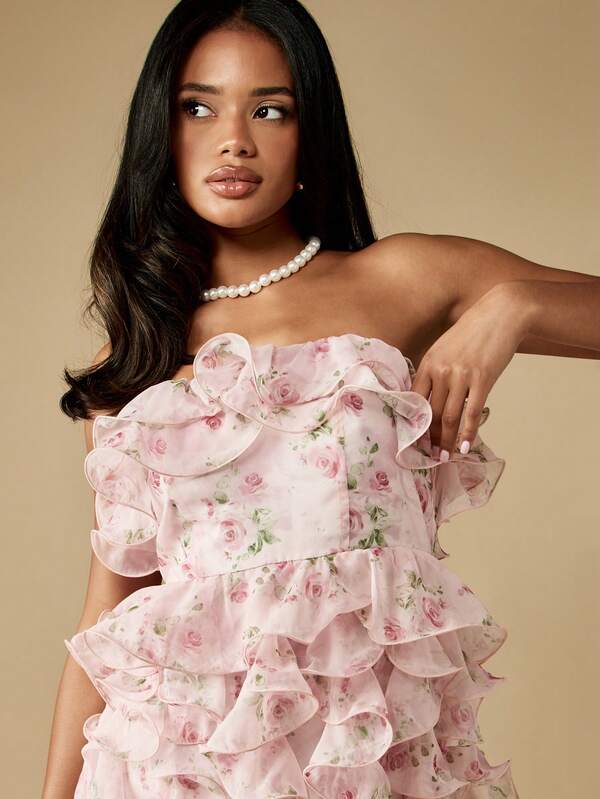 Missguided MISSGUIDED Strapless Floral Ruffle Mini Dress With Tiered Skirt