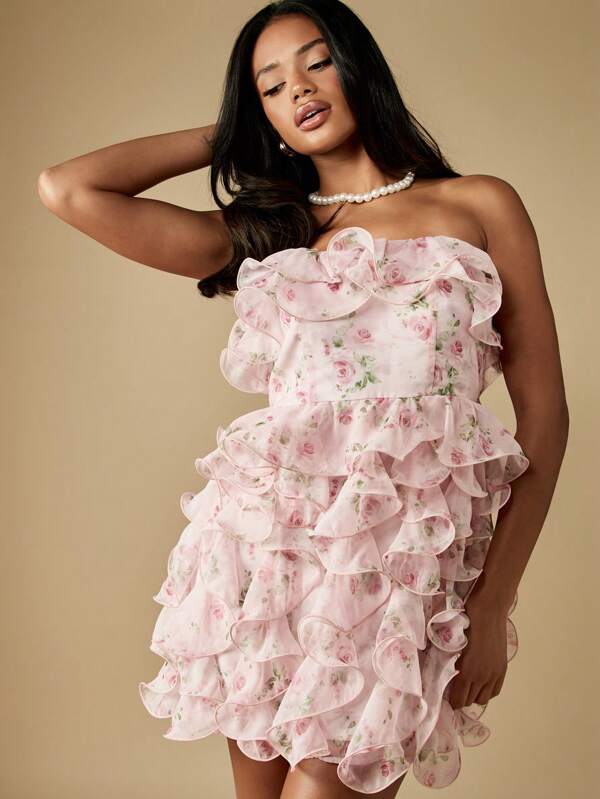 missguided MISSGUIDED Strapless Floral Ruffle Mini Dress With Tiered Skirt