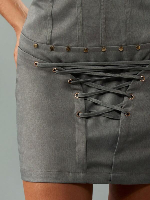 Missguided MISSGUIDED Strapless Grey Corset Mini Dress With Lace Up Detail