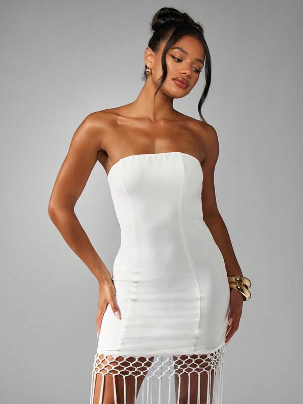 Missguided MISSGUIDED Strapless Mini Dress With Macrame Fringe Detail