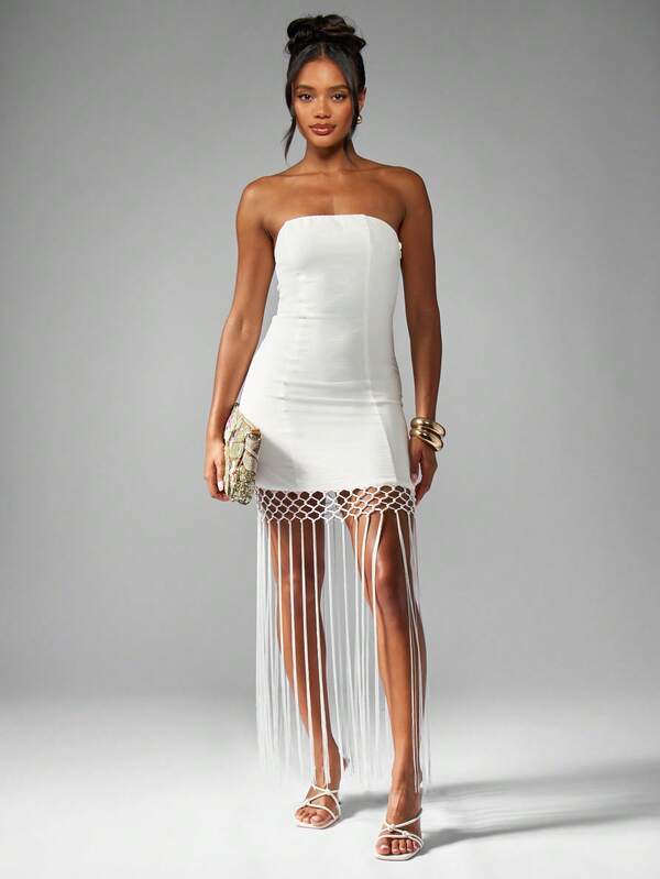 Missguided MISSGUIDED Strapless Mini Dress With Macrame Fringe Detail