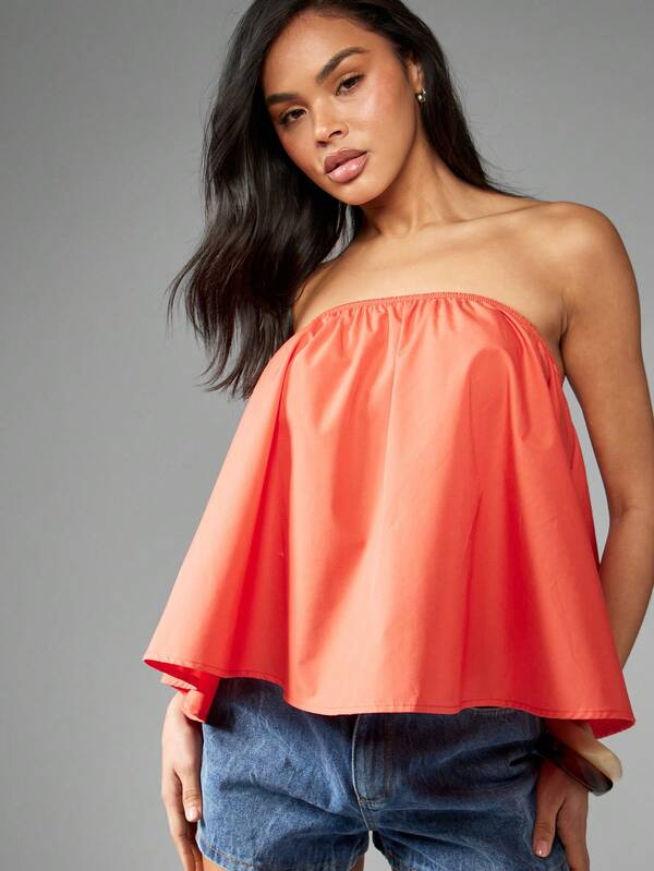 Missguided MISSGUIDED Strapless Off Shoulder Gathered Poplin Ruffle Style Women Top