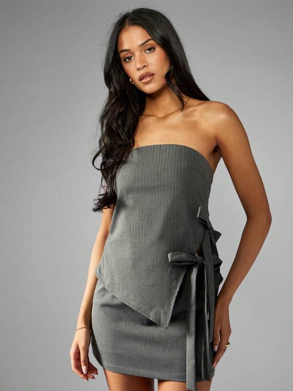 missguided MISSGUIDED Strapless Pinstripe Corset Style Top With Side Tie Detail