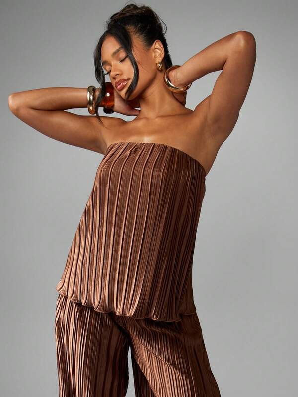 Missguided MISSGUIDED Strapless Pleated Top With Wide Leg Palazzo Pants