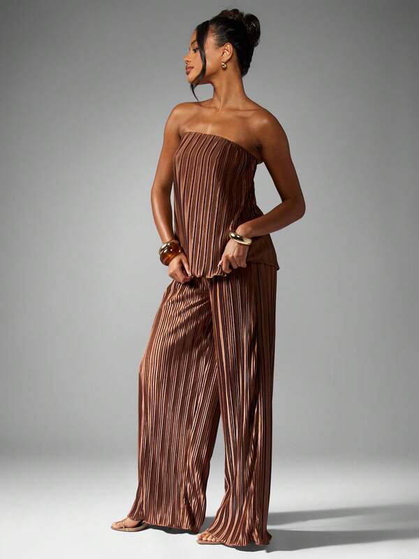 Missguided MISSGUIDED Strapless Pleated Top With Wide Leg Palazzo Pants