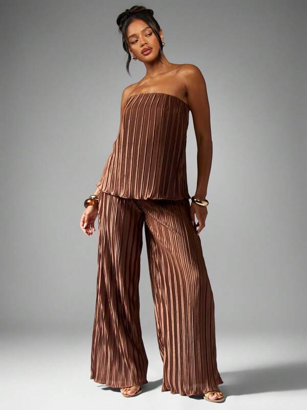 missguided MISSGUIDED Strapless Pleated Top With Wide Leg Palazzo Pants