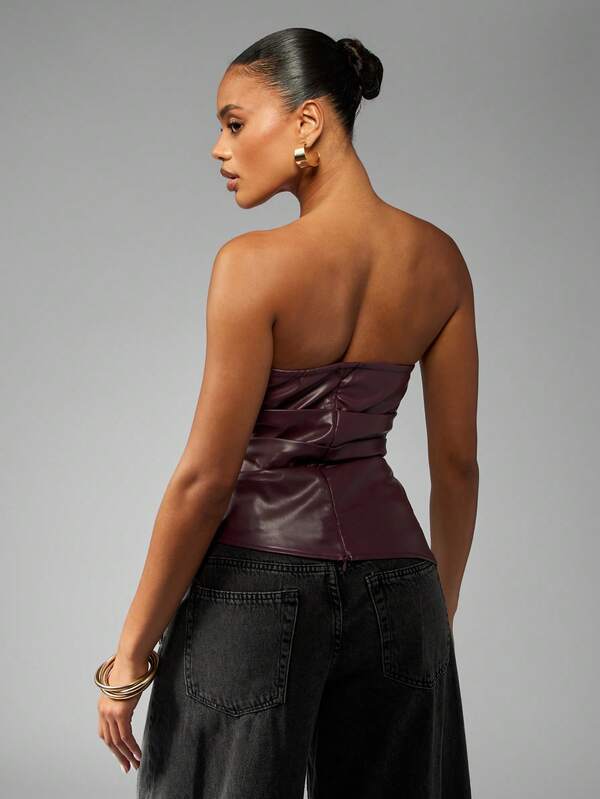 Missguided MISSGUIDED Strapless PU Leather Bandeau Top With Ruched Design