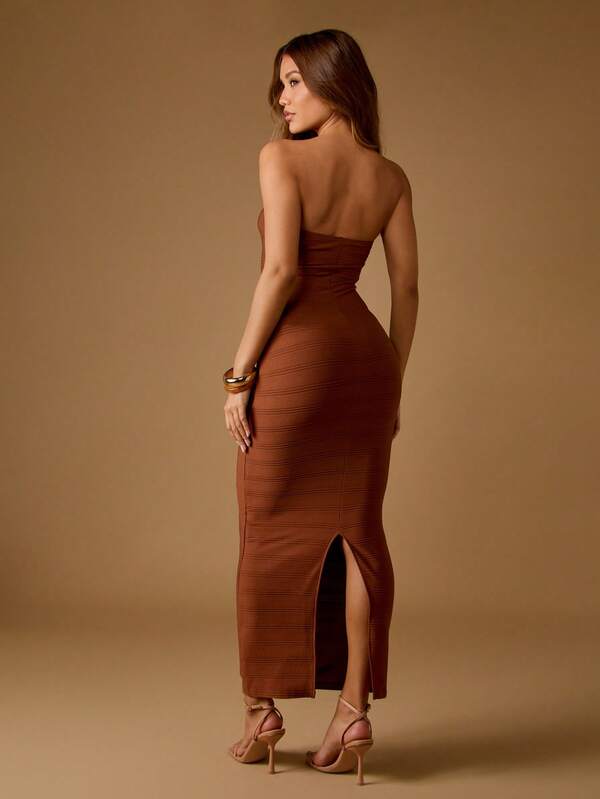 Missguided MISSGUIDED Strapless Ribbed Bodycon Maxi Dress With Back Slit