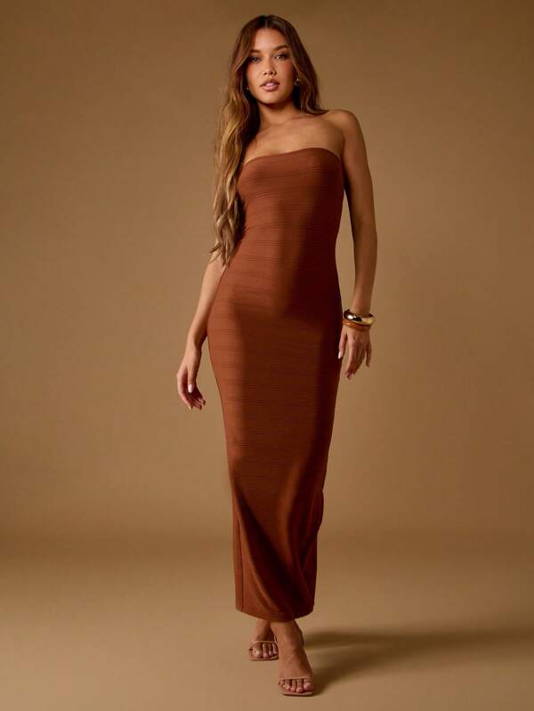 missguided MISSGUIDED Strapless Ribbed Bodycon Maxi Dress With Back Slit