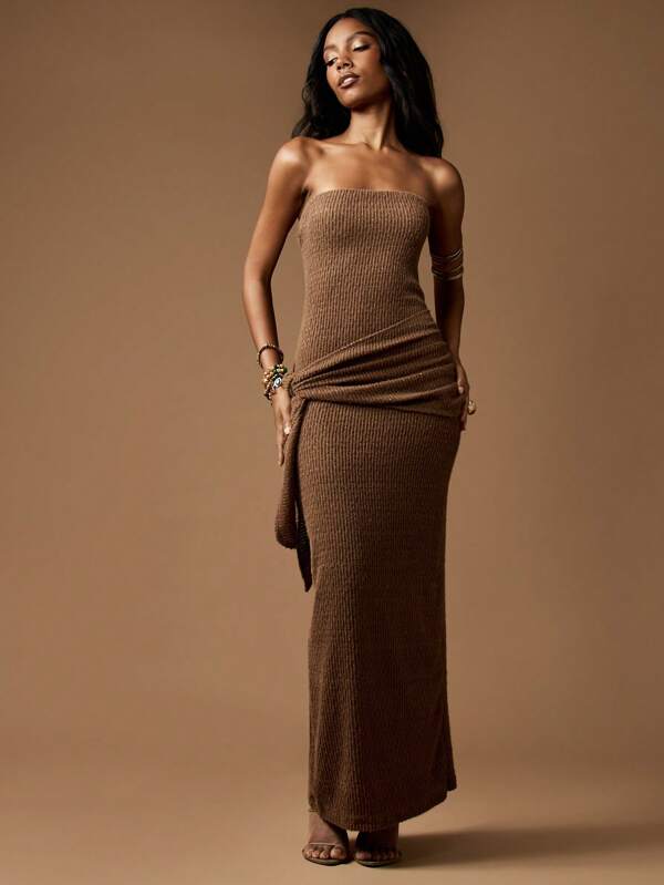 missguided MISSGUIDED Strapless Ribbed Knit Maxi Dress With Side Ruching