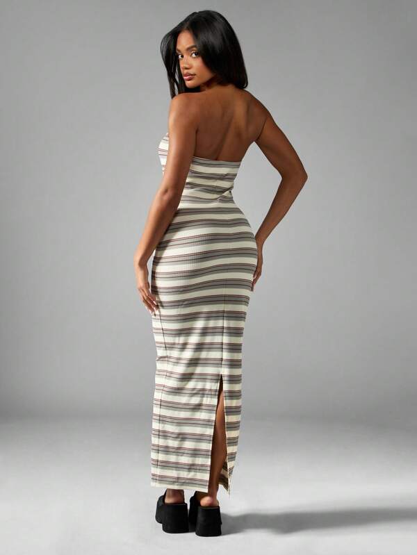 Missguided MISSGUIDED Strapless Ribbed Striped Bodycon Maxi Dress With Back Slit
