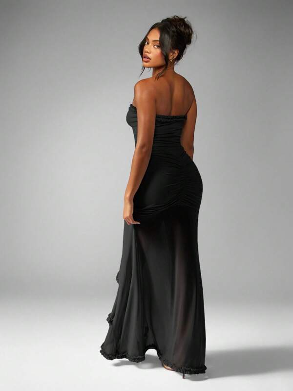 Missguided MISSGUIDED Strapless Ruched Maxi Dress With Ruffled Slit