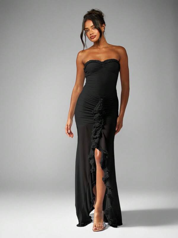 missguided MISSGUIDED Strapless Ruched Maxi Dress With Ruffled Slit