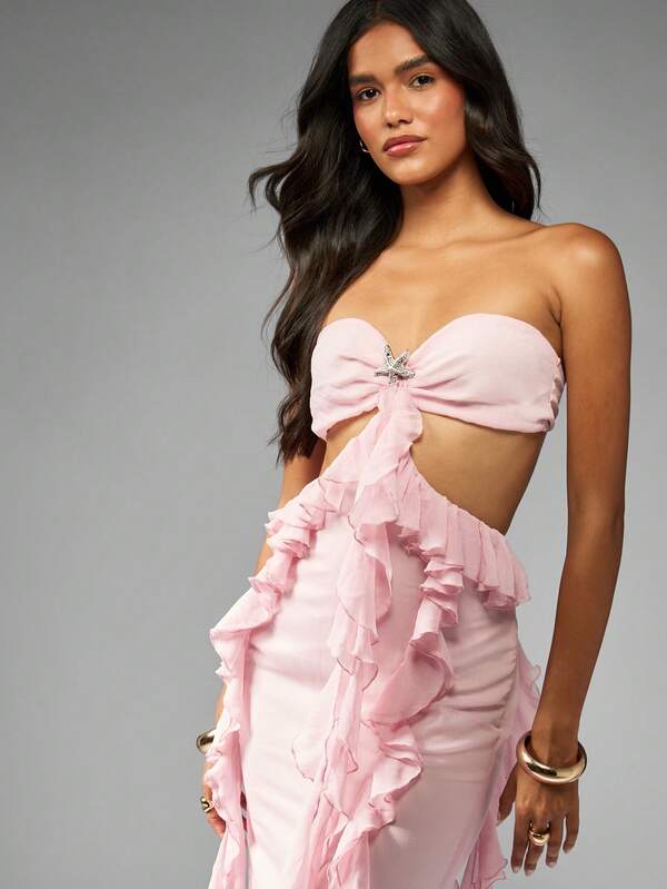Missguided MISSGUIDED Strapless Ruffle Maxi Dress With Starfish Brooch
