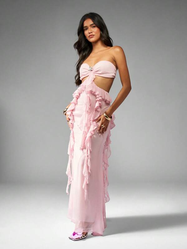 missguided MISSGUIDED Strapless Ruffle Maxi Dress With Starfish Brooch