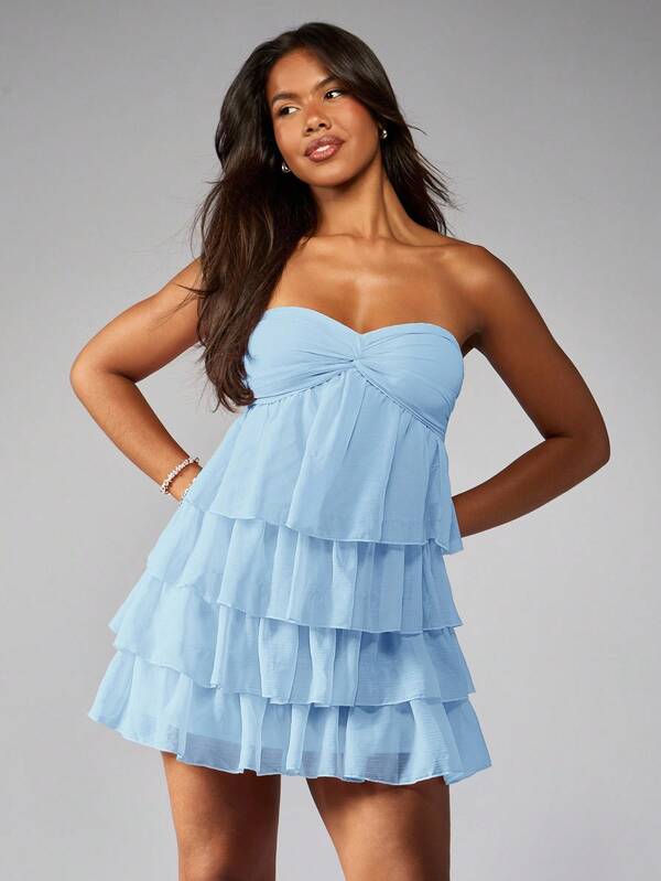 missguided MISSGUIDED Strapless Ruffle Tiered Mini Dress With Twist Bust