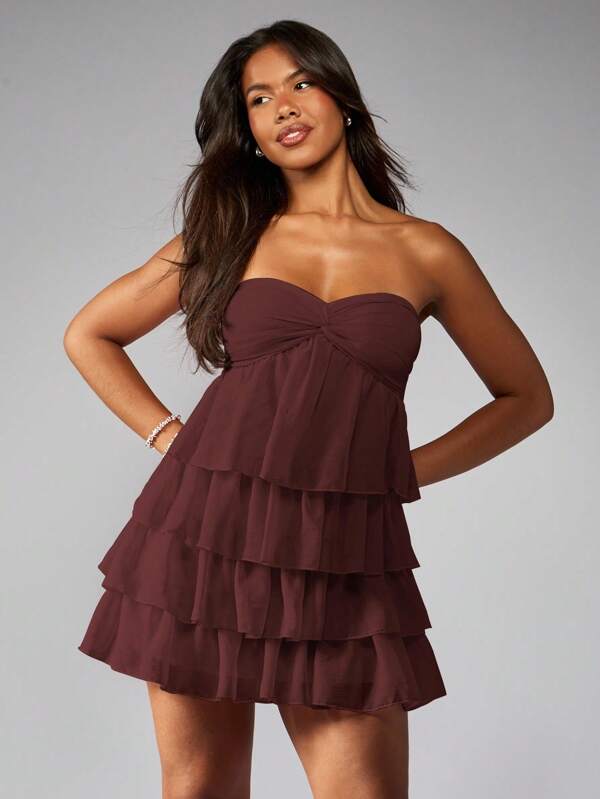 missguided MISSGUIDED Strapless Ruffle Tiered Twist Front Empire Waist Mini Dress