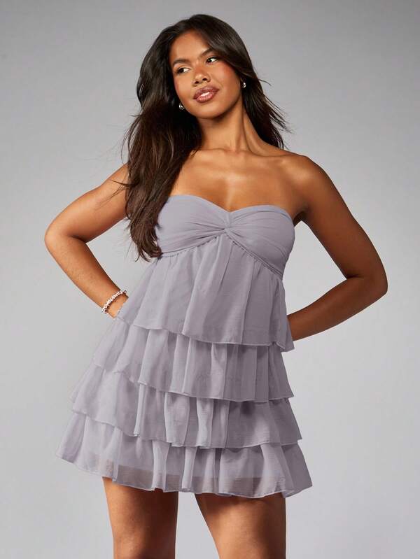 missguided MISSGUIDED Strapless Ruffled Mini Dress With Layered Chiffon And Twisted Bust